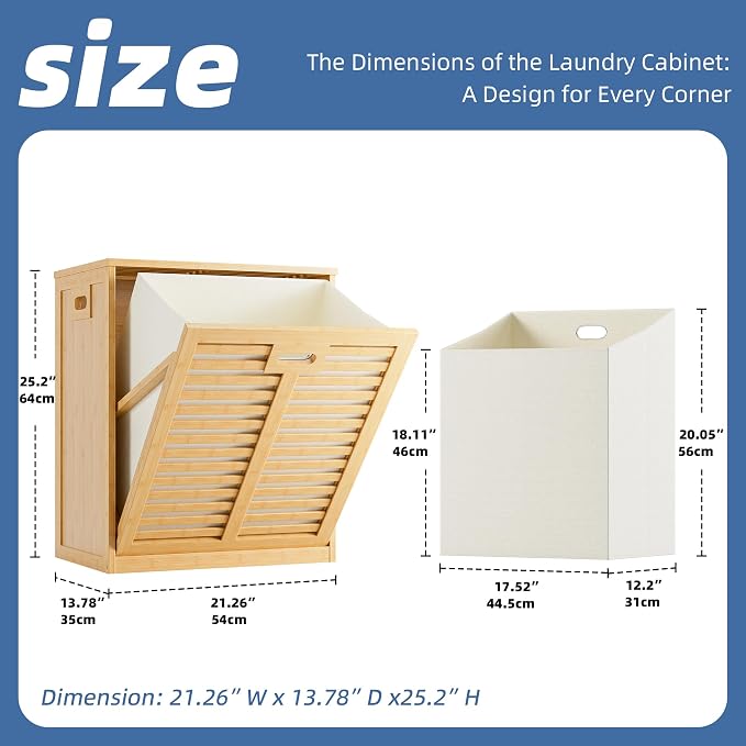 HITNET Tilt Out Laundry Hamper, Bamboo Laundry Cabinet with Hidden Removable Basket, Freestanding Clothes Storage organizer for Bedroom, Bathroom, Living Room, Natural - Image 3