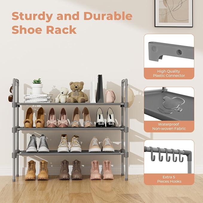 LANTEFUL 3 Tier Shoe Rack for Closet, Shoe Organizer with 5 Hooks, Long Shoe Shelf Storage for Shoe and Boot Stackable Free Standing Shoe Rack for Entryway, Garage, Small Spaces, Dorm, Grey - Image 4