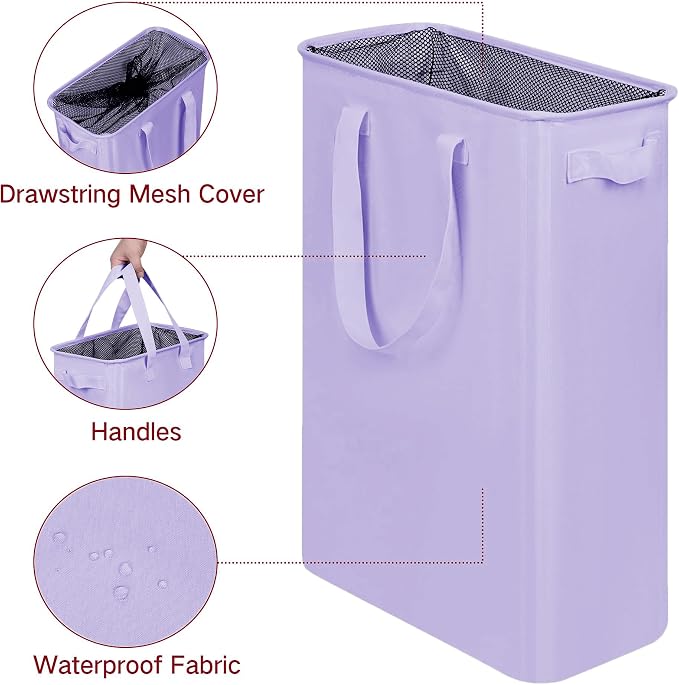 efluky Slim Laundry Basket, Narrow Laundry Hamper with Handles, Collapsible Dirty Clothes Hamper, Tall Laundry Bin for Laundry Room, Dorm and Bedroom, 12.7 Gallons(48L) Light Purple - Image 3