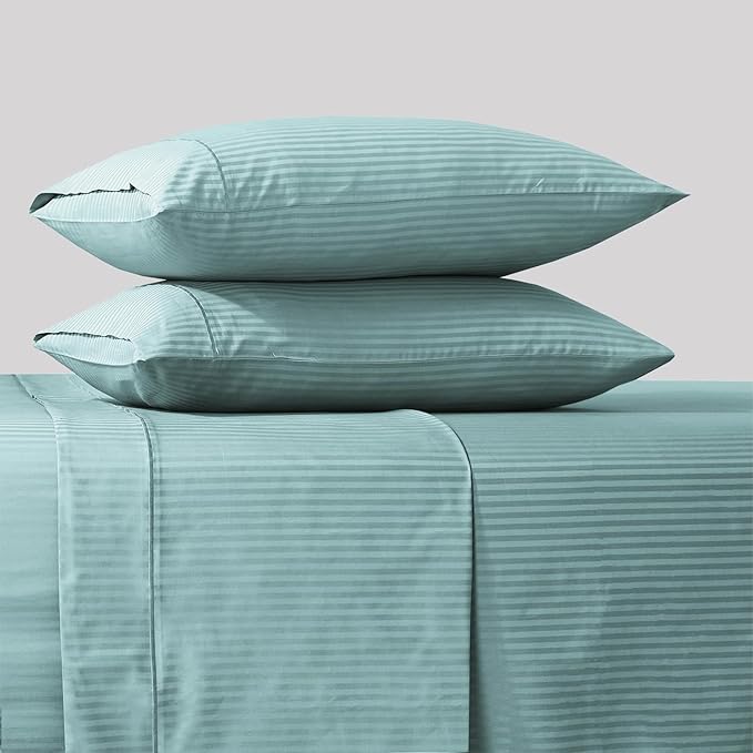 Feather & Stitch 500 TC Full Size Bed Sheet Set, 100% Cotton Soft Breathable Bedsheets, 4 Piece 18" Deep Pockets Sateen Weave Striped Bedding Mattress Resort Hotel Luxury - (Granite Green Stripe)