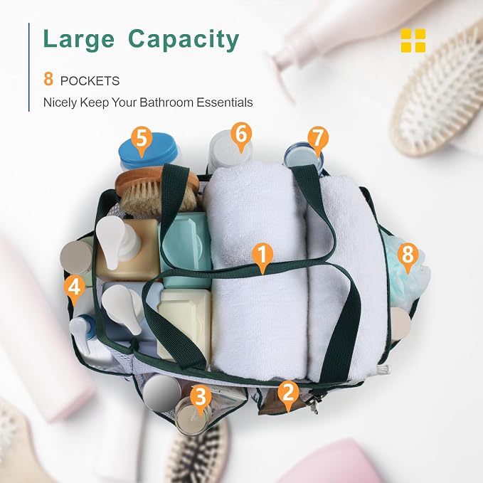 F-color Shower Caddy Portable - Mesh Shower Bag Basket Tote for College Dorm Room Essentials Bathroom Gym Camp Quick Dry for Women Men with S Hook, Green Pineapple - Image 5