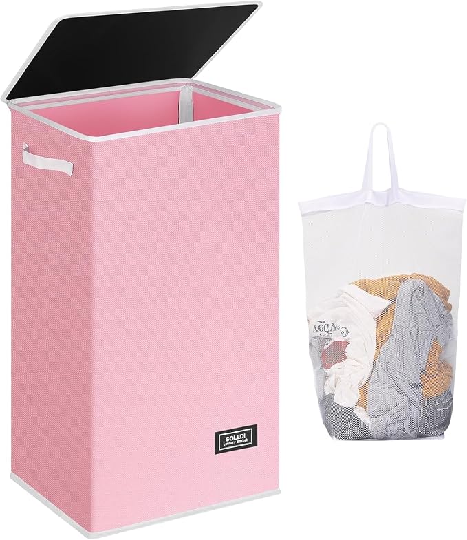 SOLEDI Laundry Hamper with Lid 100L Large & Tall Collapsible Laundry Basket, Clothes Hamper with Bag Removable Easy to Carry, Dirty Hampers for Bedroom, Bathroom, Dorm, College, Pink by SOLEDI