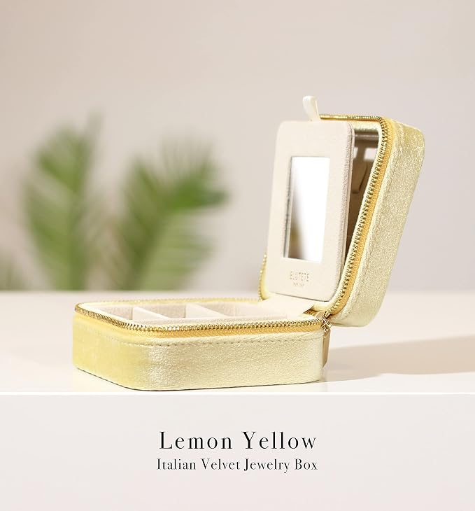 BLUTETE Travel Jewelry Box Organizer Velvet Travel Case With Mirror Ring Earrings Necklaces Storage Organizer Box (Lemon Yellow) - Image 2