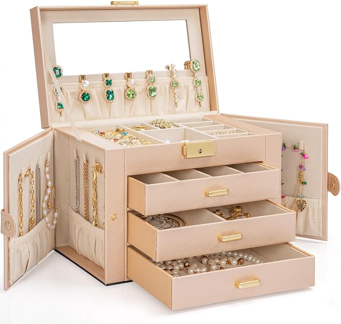 AKOZLIN Large 4-Tier Jewelry Box Leather Jewelry Storage Organizer with 3 Drawers Lockable for Women Girls Ring Necklace Earring Bracelet Watches Holder with Mirror Champagne - Image 8