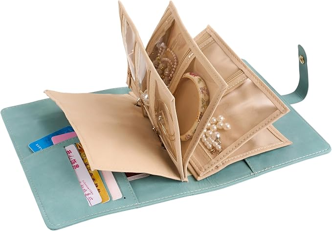 Travel Jewelry Binder Organizer Ring Binders - Jewelry Boxes PU Leather Case with Zipper Velvet Jewelry Pouch Bags for Daily Use & Gifting - Mint Green - Image 7