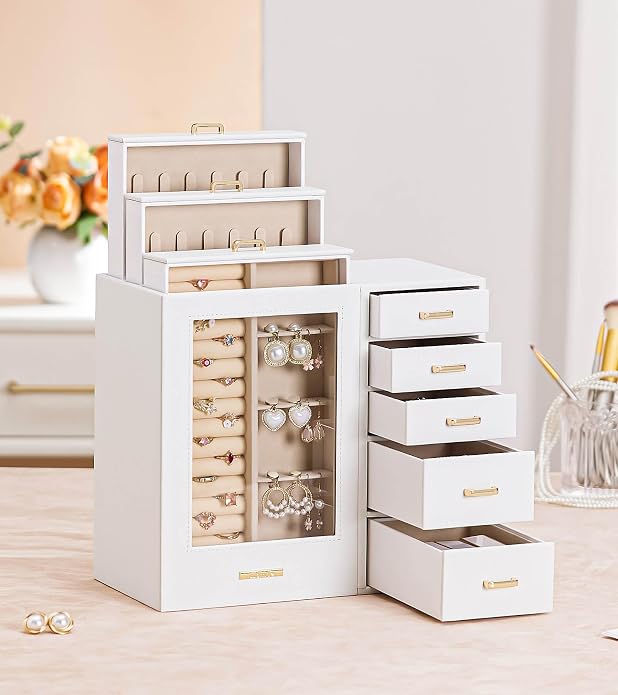 Homde Large Jewelry Box/Organizer/Case with Glass Window, Drawers for Necklaces Earrings Rings Bracelets Watches Gift for Women Girls - Image 7