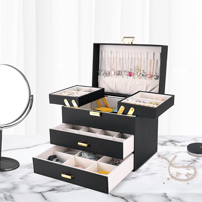 Dajasan Jewelry Organizer Box, Large Jewelry Boxes for Women Girls, Space-Saving 4 Layers Jewelry Storage Case with Drawer, Movable Metal Stand, Modern, Gift Idea (Black + Gold) - Image 6