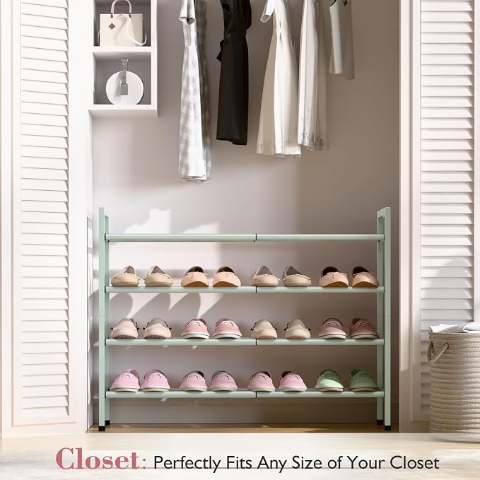 Bumusty 4-Tier Expandable Shoe Rack for Closet, 18“-33” Adjustable Shoe Rack for Small Space, Small Shoe Organizer for Front Door, Sturdy Metal, Green - Image 2