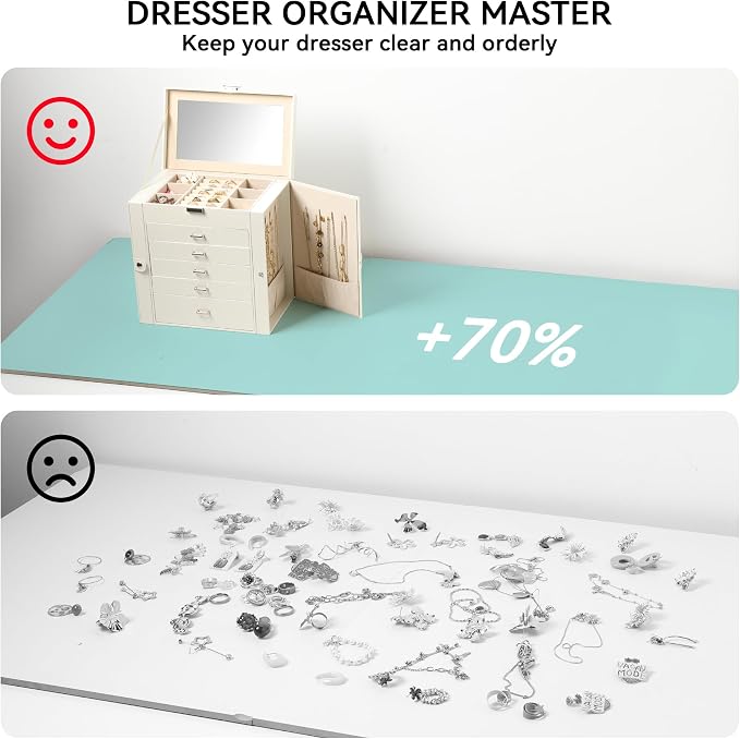 Frebeauty Large Jewelry Box,6-Tier PU Leather Jewelry Organizer,Multi-functional Storage Case with Mirror,Accessories Holder with 5 Drawers for Necklace Bracelets Watches(Pearl White) - Image 6