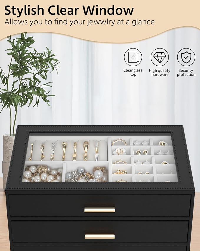 AKOZLIN Jewelry Box with Clear Lid Functional Leather Jewelry Storage Organizer Case 4 Drawers for Women Girls Necklace Ring Bracelet Earring - Image 7