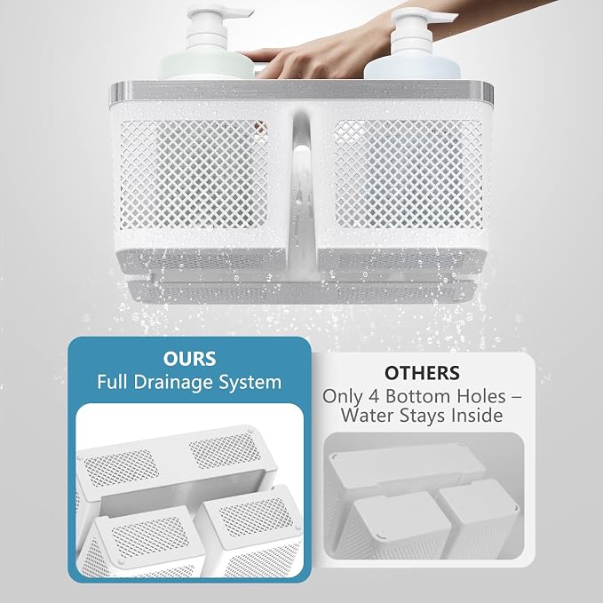 BYUNER Plastic Shower Caddy Dorm: Portable Bathroom Caddy Organizer with Handle and Holes, Cleaning Basket, Hard Shower Basket Storage Tote for Toiletry, College Dorm Room Essentials White/Silver - Image 3