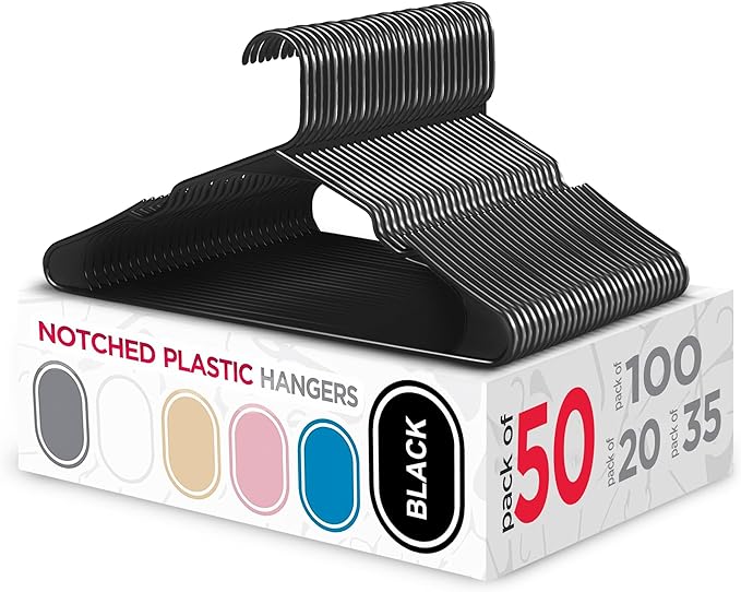 Sharpty Plastic Hangers Clothes Hangers for Clothing, Closet, Coats & Shirts - Notched, Durable & Space Saving - for Everyday Standard Use, Room Essentials & Basics - 50 Pack - Black by Sharpty