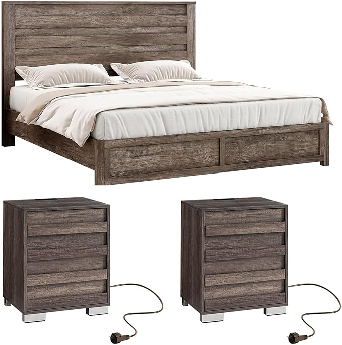 LUXOAK 3 Pcs Bedroom Furniture Sets,Includes Farmhouse Full Size Bed Frame with 49" Tall Headboard and Nightstand Sets of 2 with Charging Station, Slated Handles & Stainless Steel Feet, Rustic Grey