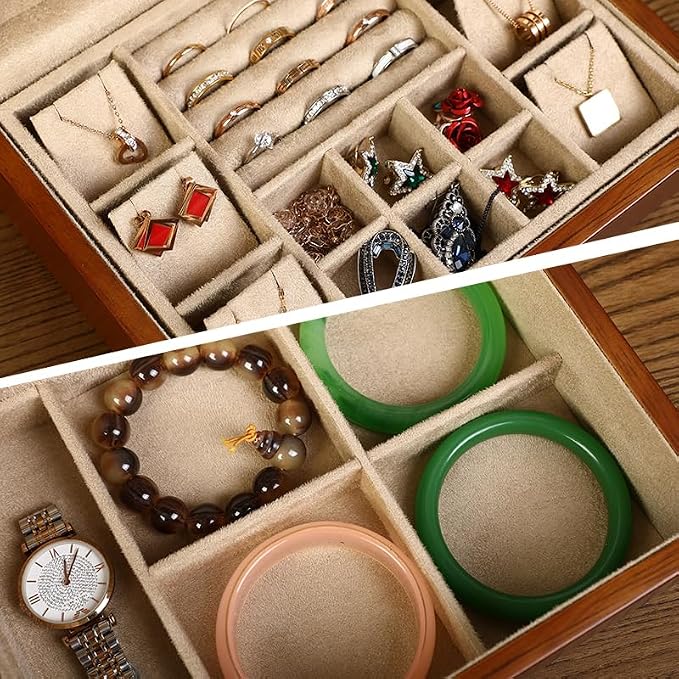 Wooden Jewelry Box with Lock, Double Layer Solid Walnut Wood Jewelry Organizer with Key Velvet Lining for Earrings Rings Necklaces Bracelets Cufflink Pendants Gift Idea Men Women - Image 8