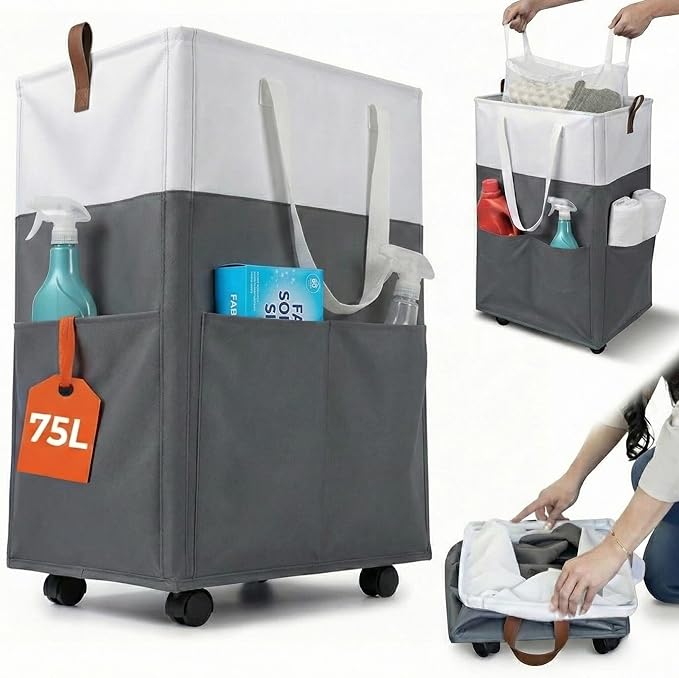Laundry Basket with Wheels – Foldable, Space-Saving, Fabric Slim Laundry Hamper with Removable Bag and Side Pouches – Lightweight 75L Washing Basket for Clothes, Bedroom, Bathroom, Dorm by Unknown
