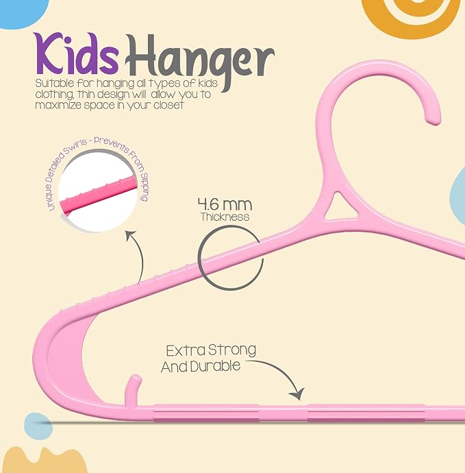Utopia Home Kids Hangers 60 Pack - 11 Inch Plastic Baby Hangers for Closet - Childrens Hanger for Clothes & Infant Hanger for Closet - Non-Slip Shoulder Grooves, Strap Hooks & Pants Bar (Baby Pink) - Image 4