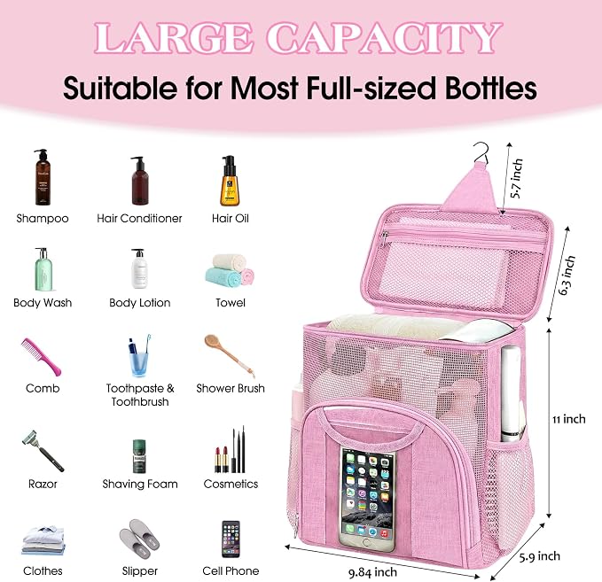Attmu Mesh Shower Caddy Portable Dorm Tote Bag, Quick Dry Hanging Toiletry Bag, Large Capacity Shower Bag for College Dorm Room Essentials for Boys and Girls for Bath Camping (Light Pink) - Image 2