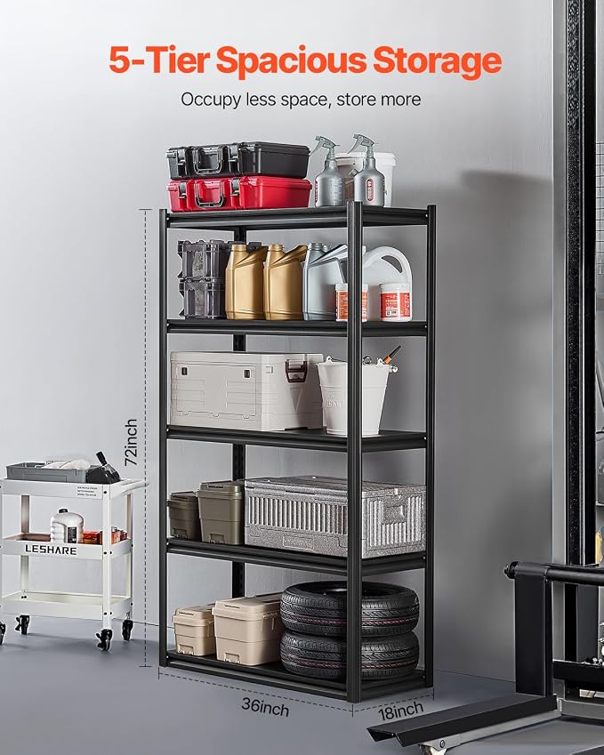 VEVOR Storage Shelves, 2000 lbs, 5 Tier Garage Storage Shelving, 18" D x 40" W x 72" H Adjustable Metal Shelves for Garage Shelves Utility Rack Shelf, Ideal for Kitchen, Warehouse, Basement, Black - Image 5