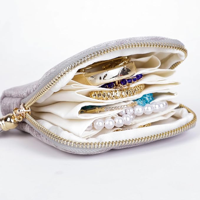 ASINGYER Travel Jewelry Storage Bag for Women, Velvet Portable Jewelry Organizer with Tassel Zipper, Small Pouches for Bracelets Necklaces Rings Earrings, Wedding Gift for Women (silver) - Image 2