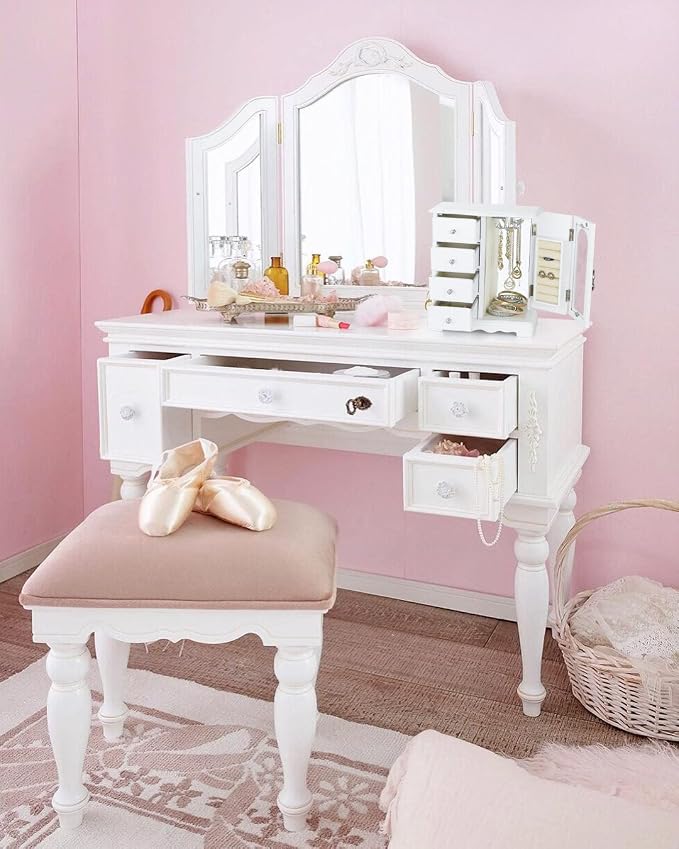 RR ROUND RICH DESIGN Jewelry Box - Made of Solid Wood with 4 Drawers Organizer and Built-in Necklace Carousel and Large Mirror White - Image 7