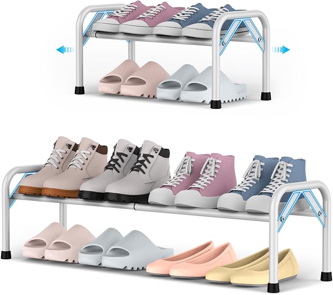 YEASHEIN 1-Tier Expandable Shoe Rack for Closet Floor, Λ-Frame Metal Small Shoe Rack for Entryway, Adjustable Shoe Shelf Organizer, Free Standing Shoe Racks for Front Door Entrance, Garage - White by YEASHEIN