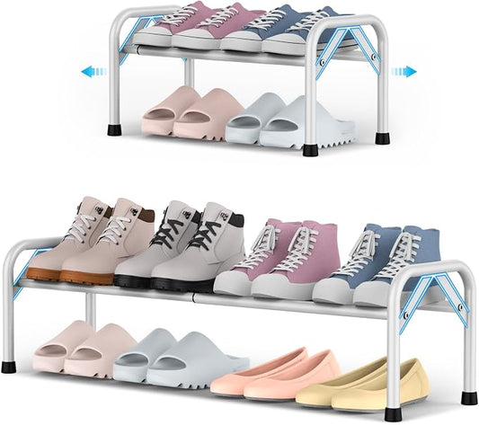 YEASHEIN 1-Tier Expandable Shoe Rack for Closet Floor, Λ-Frame Metal Small Shoe Rack for Entryway, Adjustable Shoe Shelf Organizer, Free Standing Shoe Racks for Front Door Entrance, Garage - White by YEASHEIN