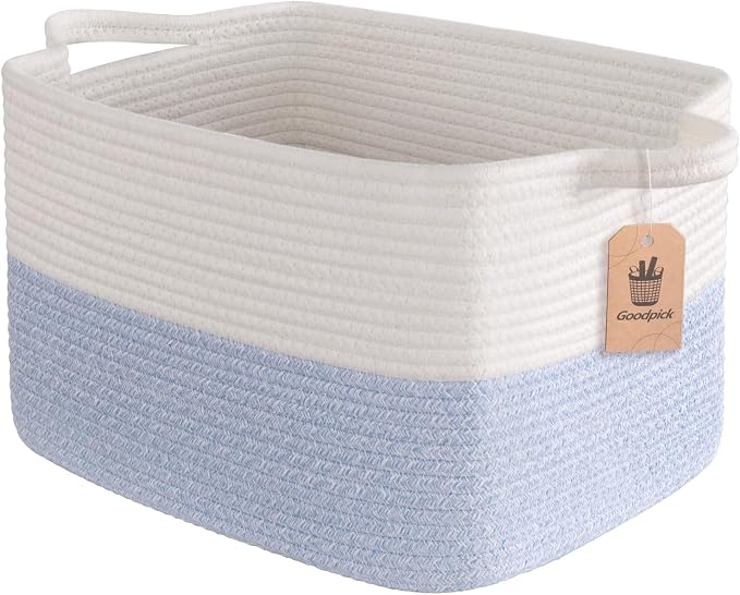 Goodpick Woven Storage Baskets for Organizing, Cotton Rope Organizer for Dog Toys Books, Rectangle Shoe Basket for Shelves, Stylish Gift Baskets Empty with Handles, 13"x10"x9", Blue by Goodpick