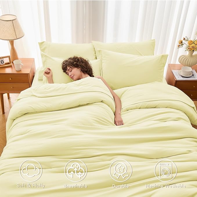 MUXHOMO 7 Pieces California King Comforter Set, Soft Bed in a Bag Cal King Size, All Season Bedding Set with Comforter, Flat Sheet, Fitted Sheet, Pillowcases & Shams, Cream Yellow
