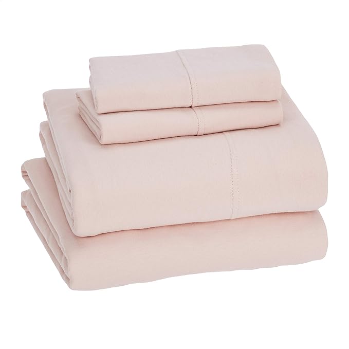 Amazon Basics 4 Piece Breathable, Stretchy Jersey Knit 100% Cotton Bed Sheet Set, Includes Flat and Fitted Sheets, Pillowcase, Full, Blush