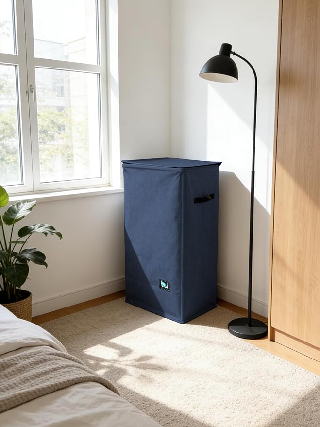 WTREE Laundry Hamper with Lid, Reinforced Sturdy Clothes Hamper with Anti-Puncture Base, Large Collapsible Laundry Basket with Removable Liner Bag, Tall Dirty Clothes Bin for Family, 100L Navy Blue - Image 7