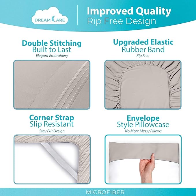 DREAMCARE Full Size Sheets - 6 pcs Breathable Cooling Bed Sheets - up to 15" Deep Pocket Full Size Bed Sheets wth Side Pockets - Extra Soft 100% Brushed Hypoallergenic Hotel Luxury Bedding - Beige