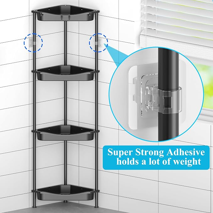 HuggieGems 4 Tier Floor Standing Corner Shower Caddy Organizer Shelf with Hooks, Bathroom Shelves Stand Rack, Jet Black - Image 3