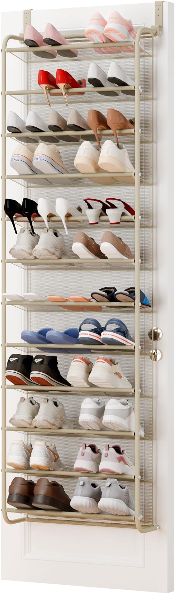 Whitmor 36 Pair Over The Door Shoe Organizer, 12 Tier Hanging Shoe Organizer, Heavy Duty Metal & Mesh Shoe Holder, Hanging Shoe Rack for Closet Organizer & Storage, 69"L x 21.7"W x 7.5"H, Oat - Image 6