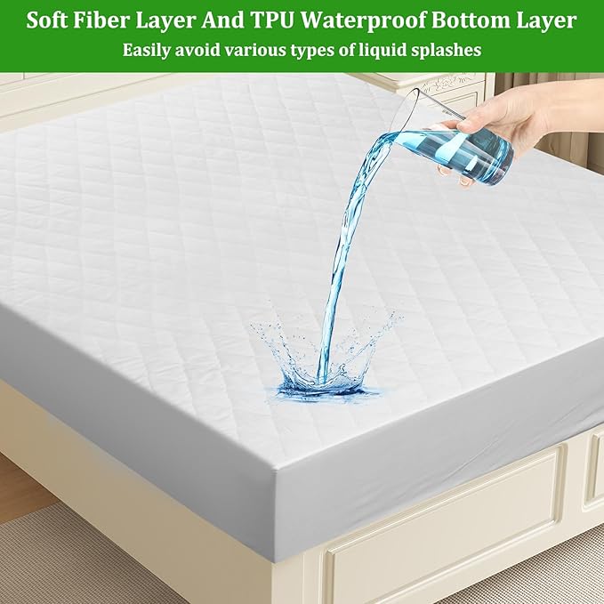 Waterproof Mattress Protector, Quilted Queen Size Mattress Cover Pad Fiber Layer Absorbent Extra Deep 30cm Fitted Skirt Breathable Washable Mattress Topper for Home and Hotel Use 150x200cm
