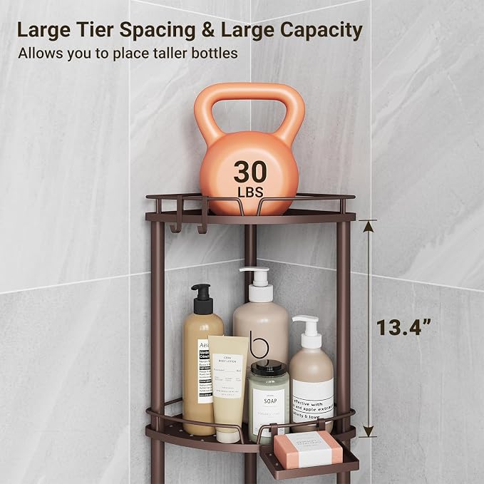 ELYKEN Corner Shower Caddy Standing, 4 Tier Rustproof Metal Shower Organizer with Soap Holder, Floor Shower Corner Shelf Rack Storage Stands with Adjustable Feet & 2 Hooks for Bathroom, Bronze - Image 5
