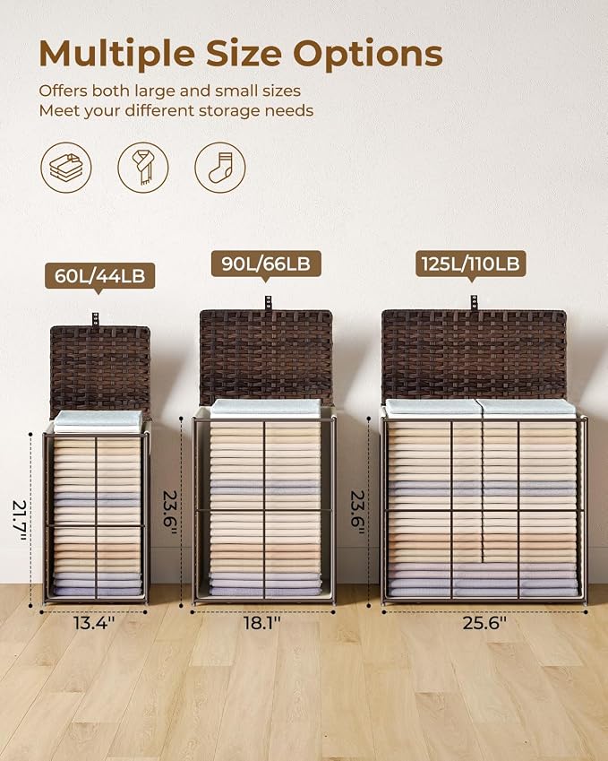 Greenstell Laundry Hamper with Lid, 60L Clothes Hamper with 2 Removable Liner Bags & 2 Mesh Laundry Bags, Handwoven Synthetic Rattan Laundry Basket for Clothes, Toys in Bathroom, Bedroom Brown - Image 6