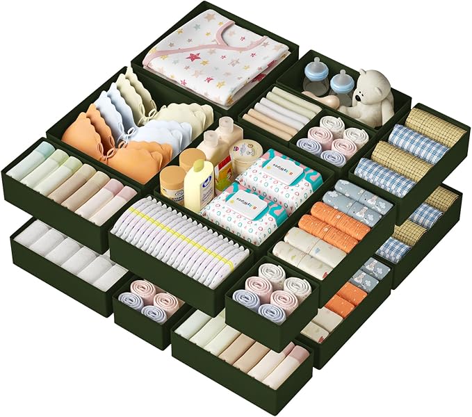 DIMJ Drawer Organizer Clothes 15 Pack - Foldable Baby Organizers and Storage & Dresser Organizer for Bedroom, Closet - Nursery Organization Dresser Dividers for underwear, Sock,Bra, Belt, Tie, Green by DiMJ