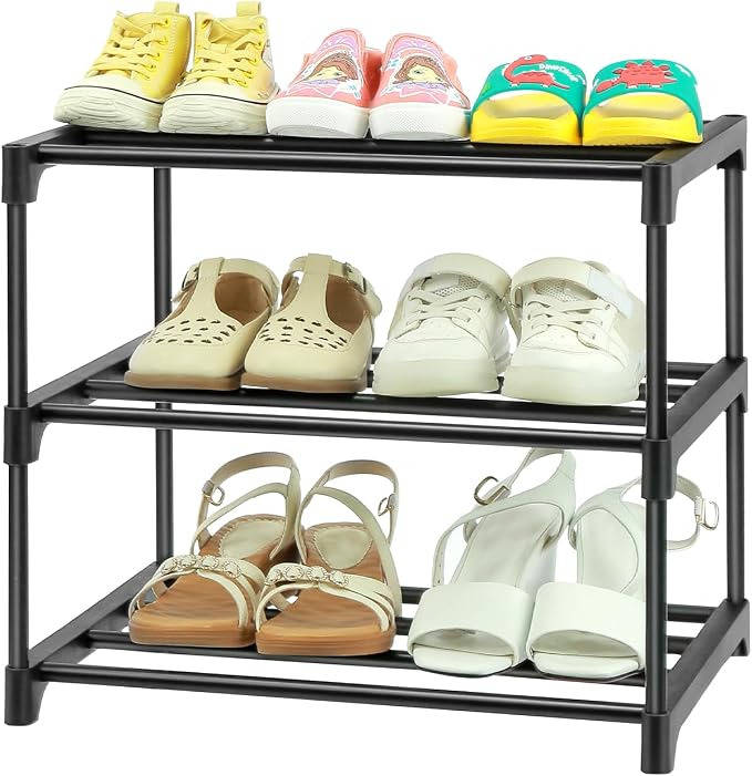 HITHIM 3-Tier Small Shoe Racks, Narrow Shoe Rack for 5-6 Pairs Shoe Storage,Kids Shoe Racks for Small Place,Lightweight Stackable Shoe Shelf Organizer for Closet,Black by HITHIM
