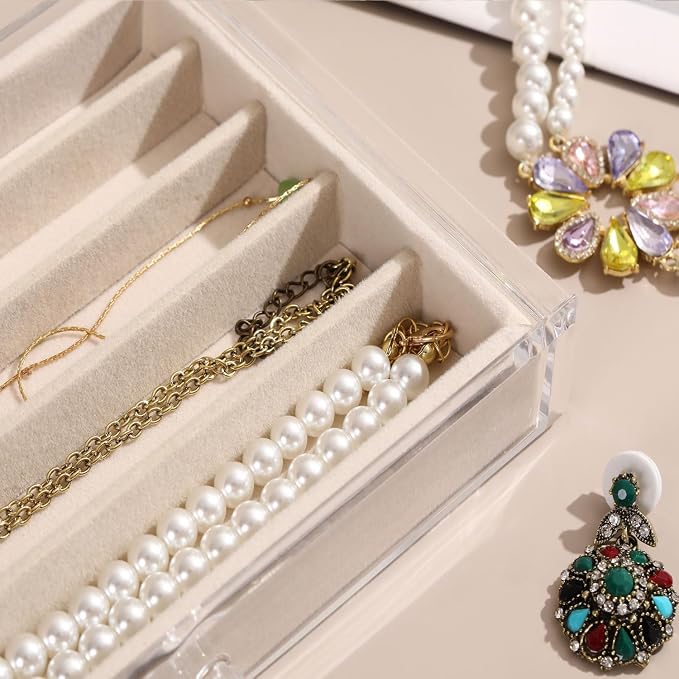 5 Drawers Necklace Organizer Storage, Tray with Clear Lid, Dustproof Velvet Necklaces Holder Storage Display Case, Necklace Tray Drawer Insert for Pendant Suitable for Women and Girls (25 grids) - Image 7