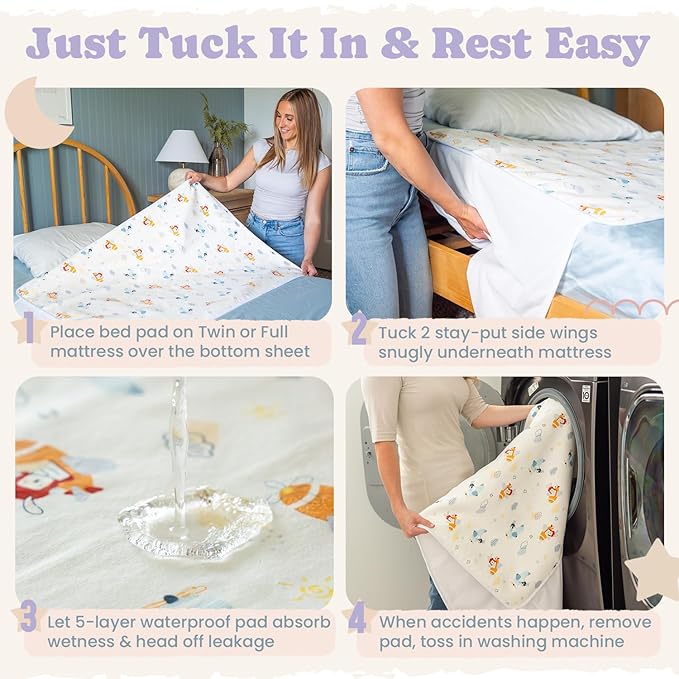 Tuckable Side Bed Wetting Pads Toddlers, Reusable Washable Waterproof Baby Potty Training Mattress Pee Pads Sheet Protector Kids, 5 Absorbent Layers Exclusive No-Slip 39"x 29" Fits Twin Yellow Rabbit