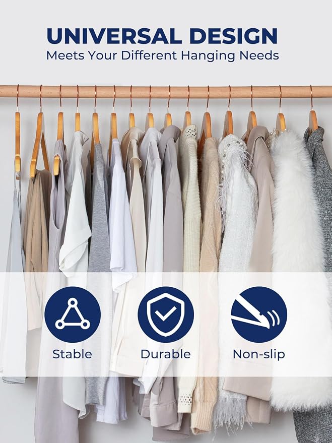 Smartor Wooden Hangers 10 Pack, Solid Wood Coat Hanger for Closet, Heavy Duty Wood Hangers for Suits, Shirts, Dresses, with 360° Rose Gold Hook, Non Slip Pant Bar, Natural - Image 2