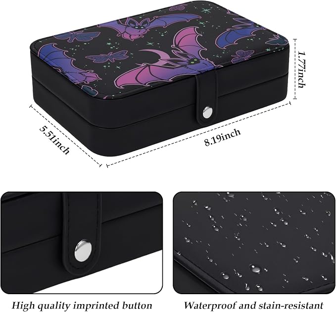 Halloween Basket Stuffers Bat Black Leather Jewelry Travel Case Personalized Jewelry Box for Women Men Girls Boys Portable Jewellery Storage Travel Earring Organizer Ring Case Box Bracelet - Image 2