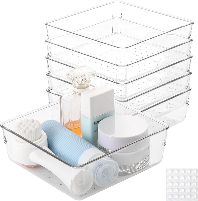 Ohlove 6 Pcs Large Clear Plastic Drawer Organizers Tray 6" x 6" Storage Bins with 25 Pcs Non-Slip Pads for Makeup, Jewelries, Kitchen Utensils, Bathroom and Office by Ohlove