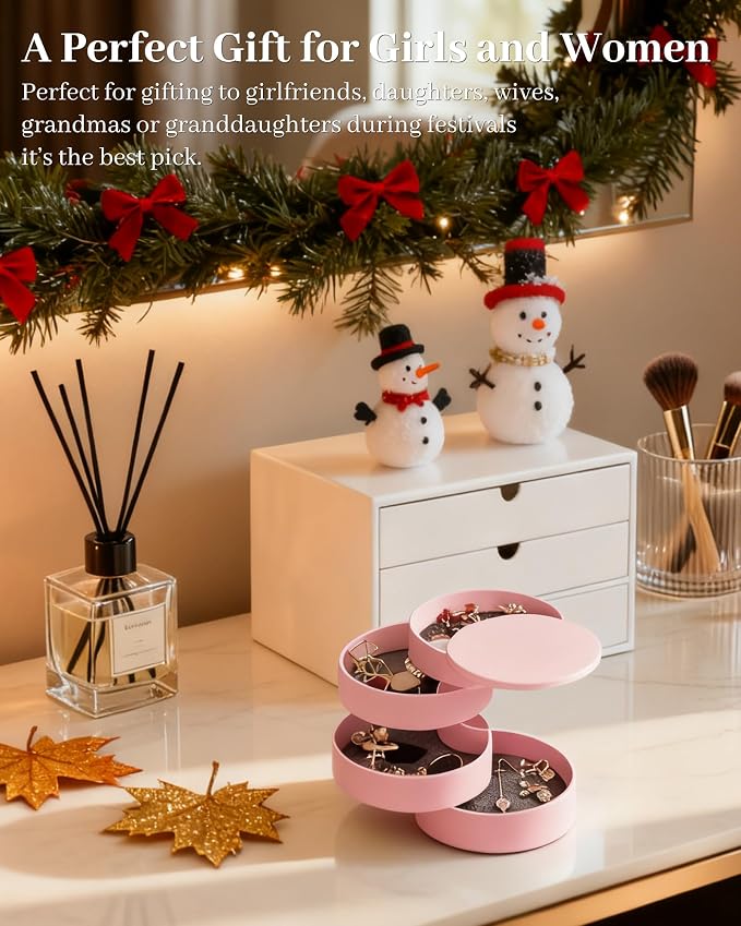 CONBOLA Jewelry Organizer, Small Jewelry Storage Box Earring Holder for Women, 4-Layer Rotating Travel Jewelry Tray Case with Lid for Bracelets Rings Bracelets, Gift for Women Teen Girls - Image 3