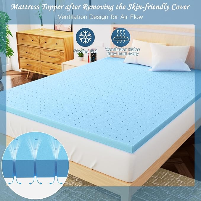 Airensky Queen Mattress Topper, Cooling Gel Infused Memory Foam Topper with Removable Skin-Friendly Cover, Bed Topper for Pressure Relief Back Pain, CertiPUR-US Certified, 3 Inch, 60"x80"