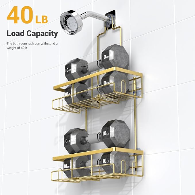 AKTECKE Shower Caddy Hanging Bathroom Organizer: Rustproof Shelf for Inside Shower - No Drilling Racks Over Showerhead - Bath Shelves for Shampoo Soap Gold - Image 4