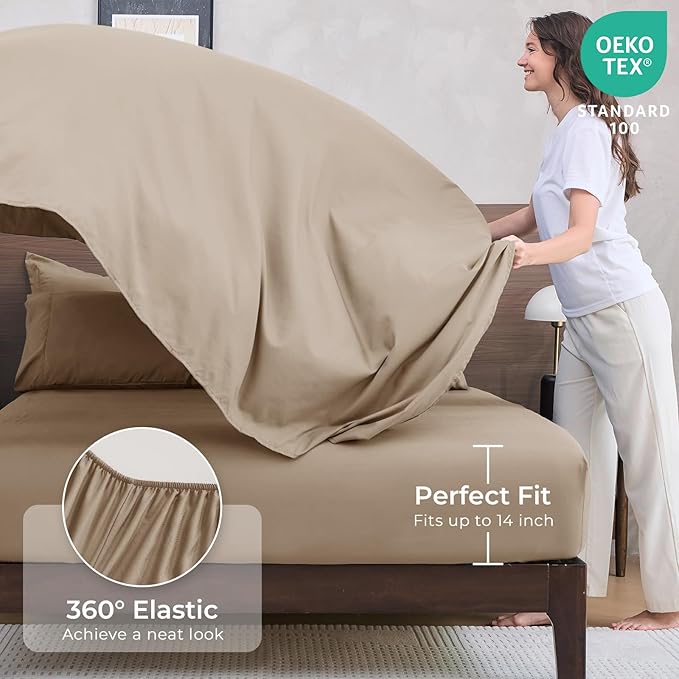 HEVUMYI Khaki Queen Comforter Set - 7-Piece All Season Bed in a Bag Queen, Ultra Soft Bedding Set with Comforter, Flat Sheet, Fitted Sheet, Pillowcases, Pillow Shams