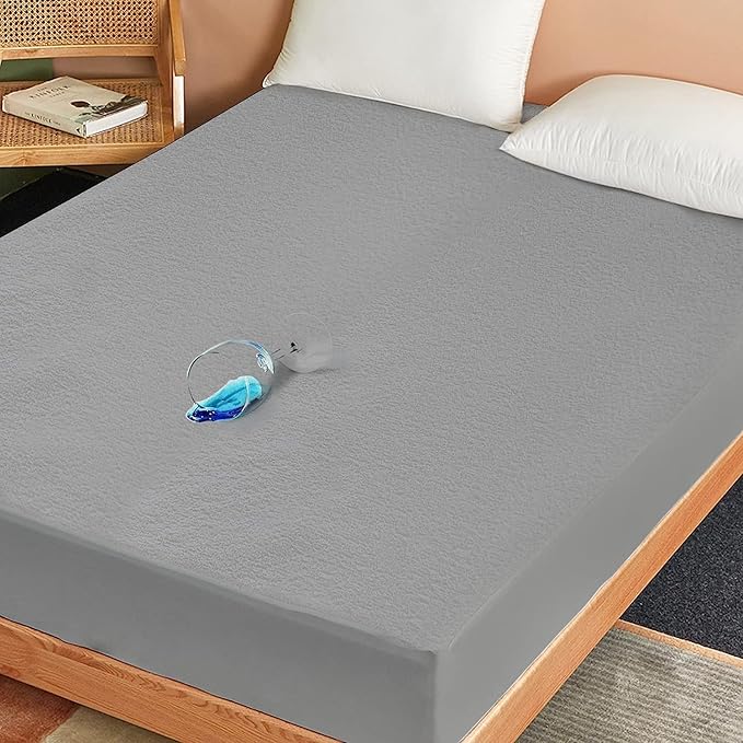 SKY BEDDINGS King Size Waterproof Mattress Protector - Premium Terry Mattress Cover, Ultra Soft, Breathable, Noiseless Bed Cover, Fitted Sheet with Stretchable Deep Pockets Upto 15" - Light Grey