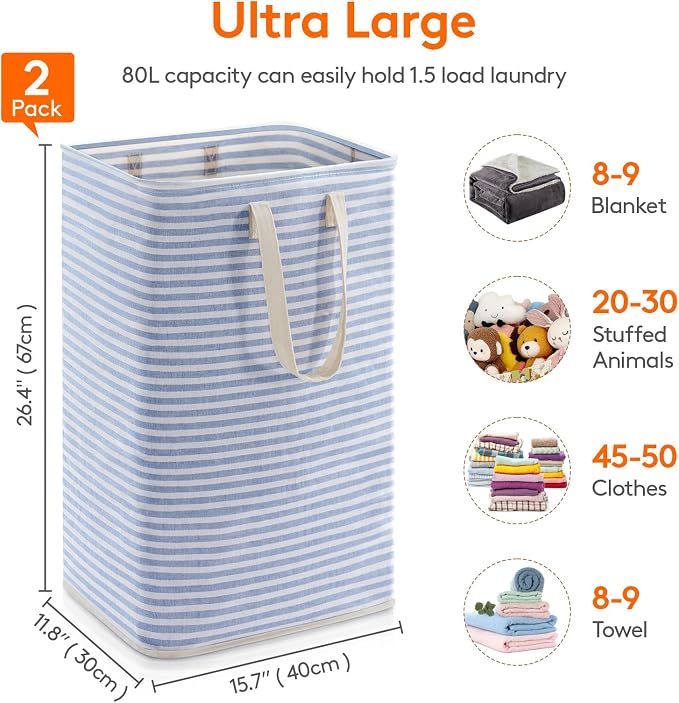 Lifewit 2 Pack Laundry Basket 80L Each, Collapsible Clothes Hamper with Reinforced Handles, Freestanding Waterproof Design for Bedroom and Laundry Room, Grey&Blue 160L Total - Image 4