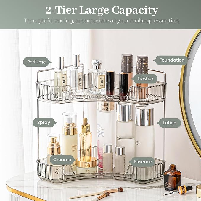 Aveniee Corner Bathroom Counter Organizer, Bathroom Countertop Shelf Makeup Organizer for Vanity Perfume Tray for Corner Storage (2 Tiers, Grey) - Image 2